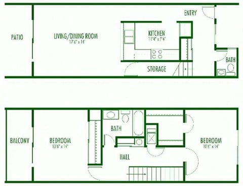 Floor plan for 2 beds, 1.5 baths, 1082 sqft